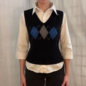 Black and Blue Argyle V-Neck Sweater Vest with Attached White Blouse Y2K